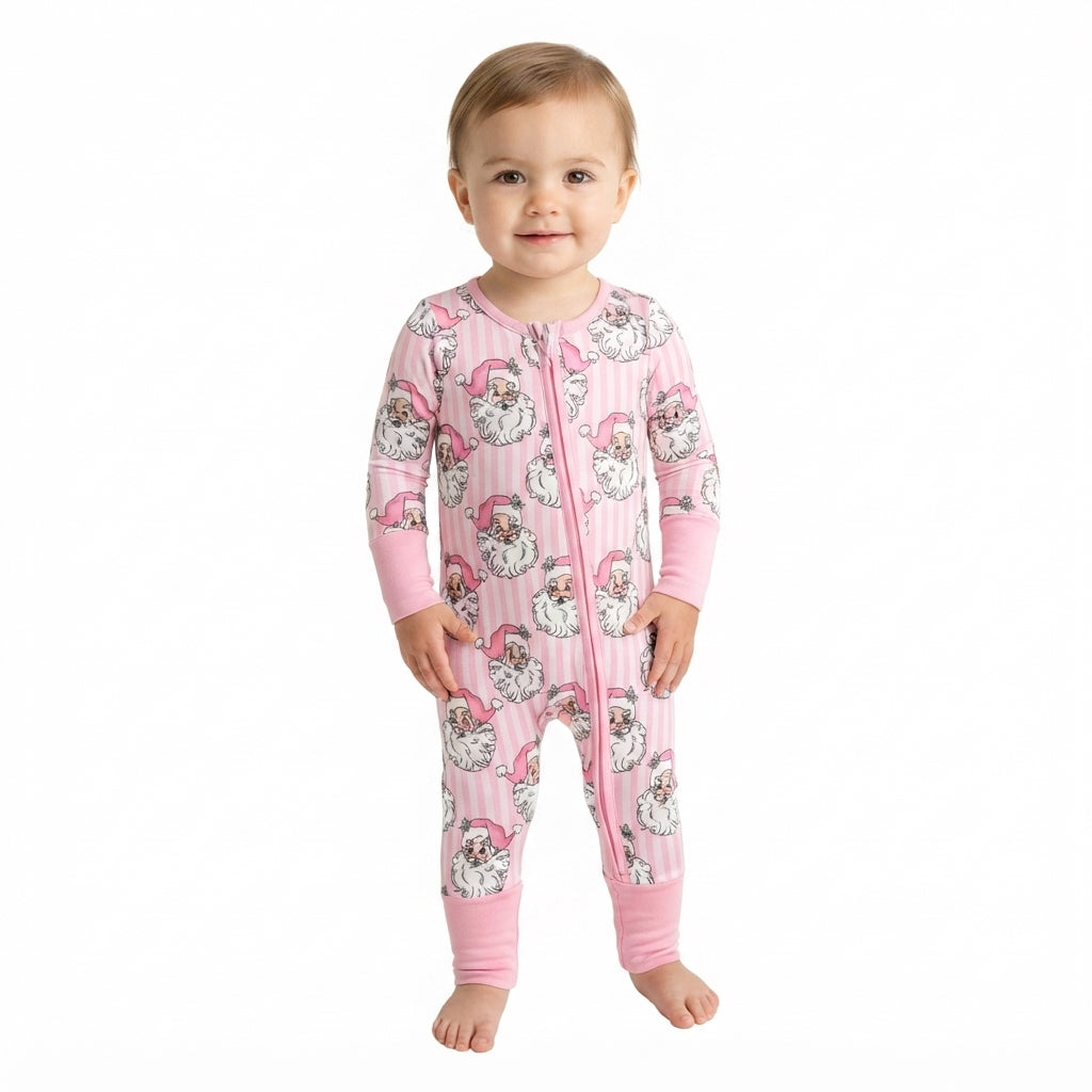 LR3125 Santa Pink Stripes Print Baby Girls Christmas Zipper Sleeper Romper