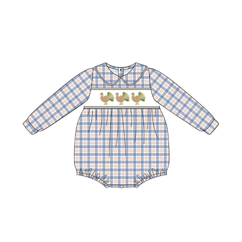 6.30 Preorder LR3132 Turkey Plaid Print Baby Boys Thanksgiving Romper