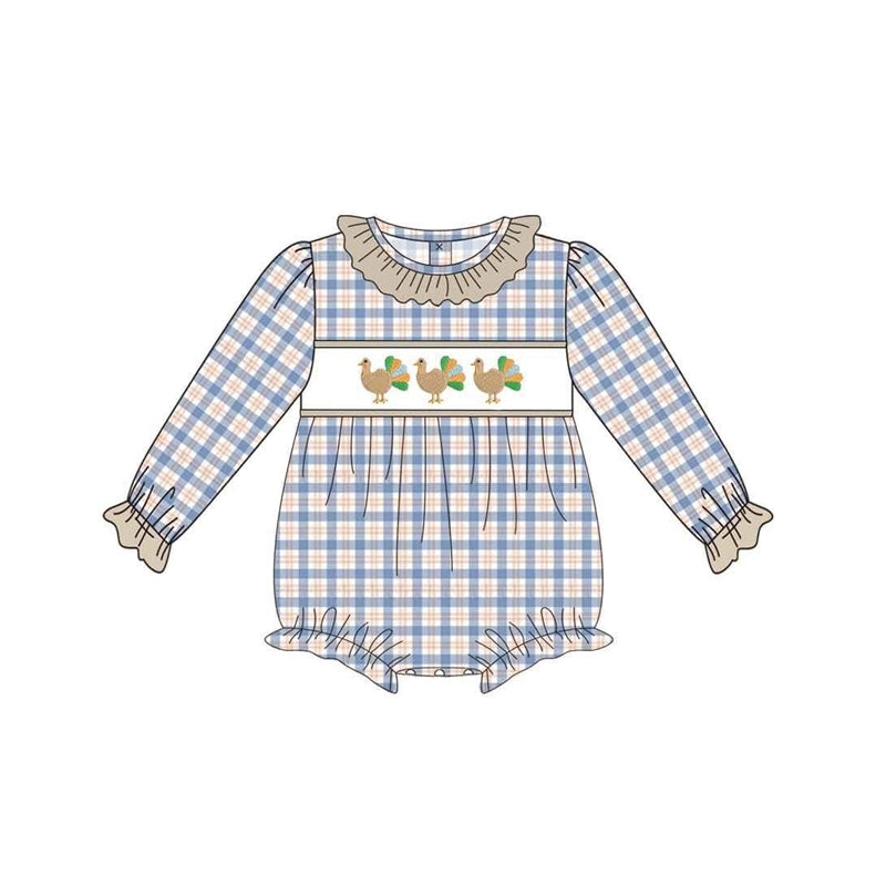 6.30 Preorder LR3133 Turkey Plaid Print Baby Girls Thanksgiving Romper