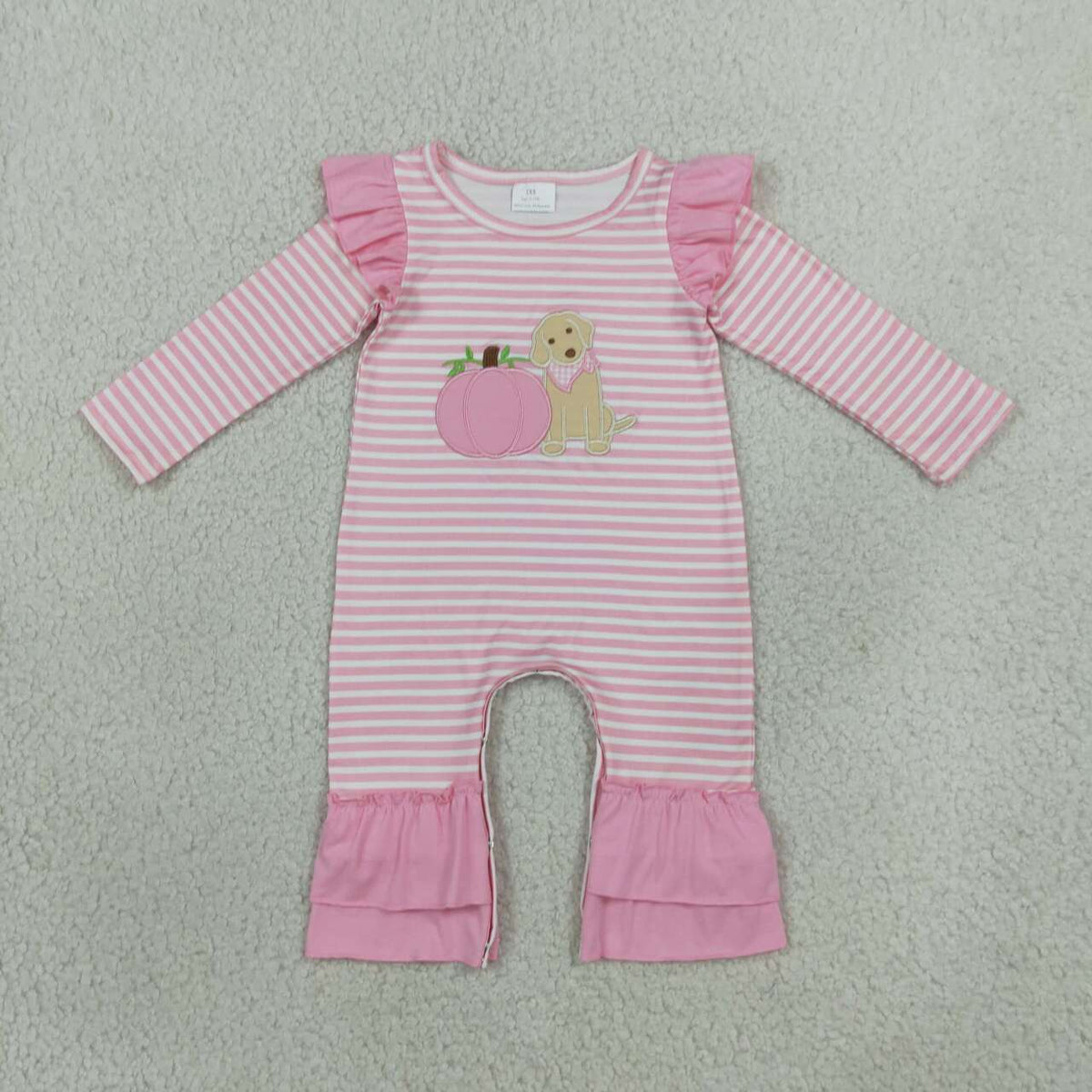 Sibling Baby Girls Embroidery Pink Pumpkin Dog Outfit + Romper