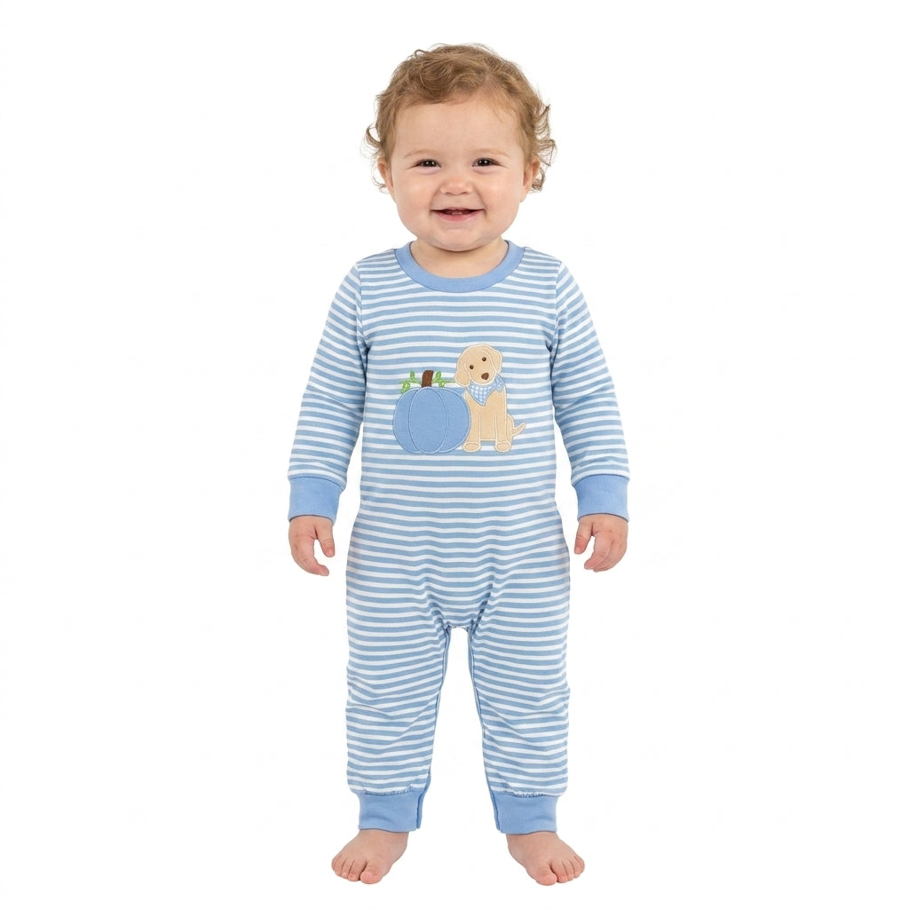 LR3141 Pumpkin Puppy Embroidery Blue Stripes Print Baby Boys Fall Long Sleeve Romper