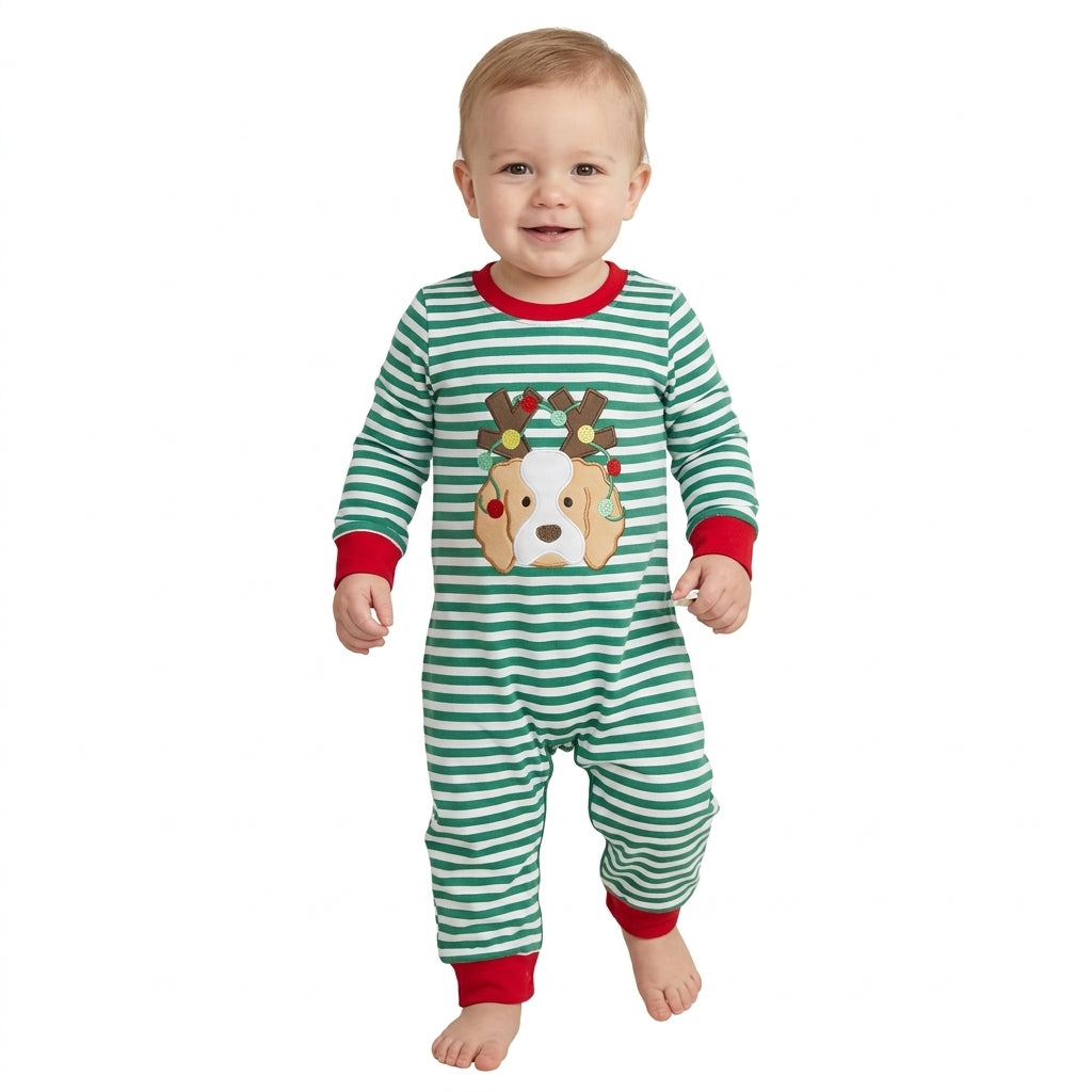 LR3146 Dog Embroidery Green Stripes Baby Boys Christmas Romper