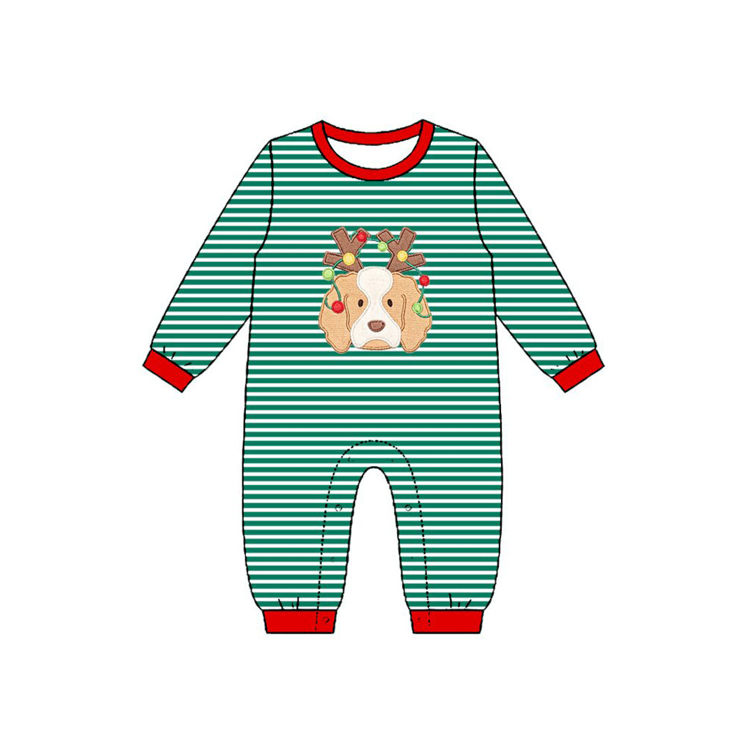 7.15 LR3146 Preorder Dog Green Stripes Baby Boys Christmas Romper