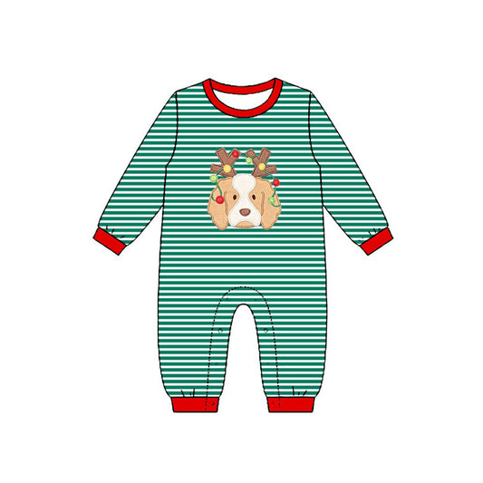 7.15 LR3146 Preorder Dog Green Stripes Baby Boys Christmas Romper