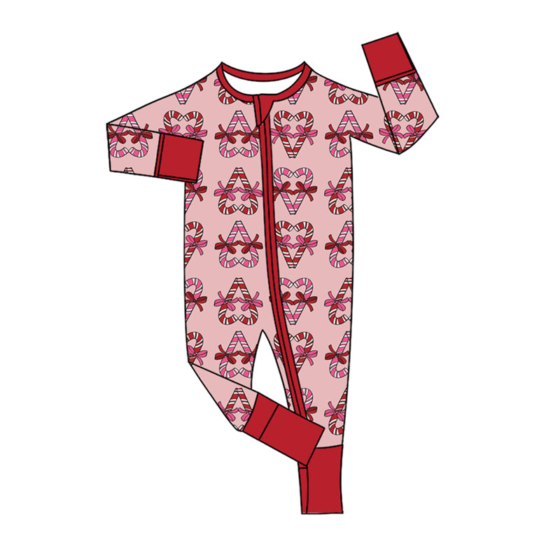 7.47 Preorder Christmas Candy Cane Long Sleeve Zipper Romper