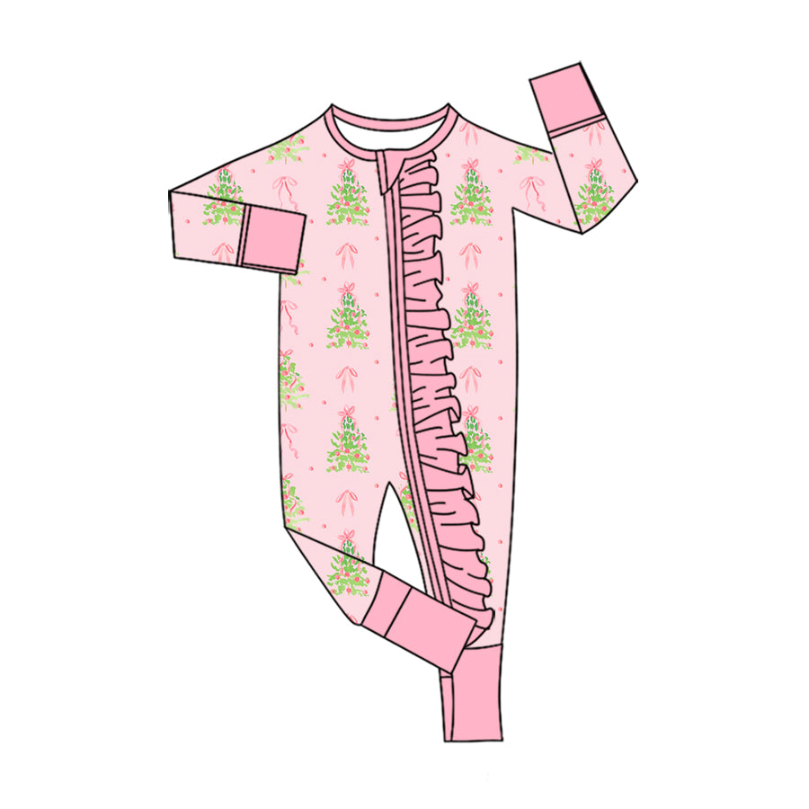 7.18 Preorder Christmas Tree Pink Long Sleeve Zipper Romper
