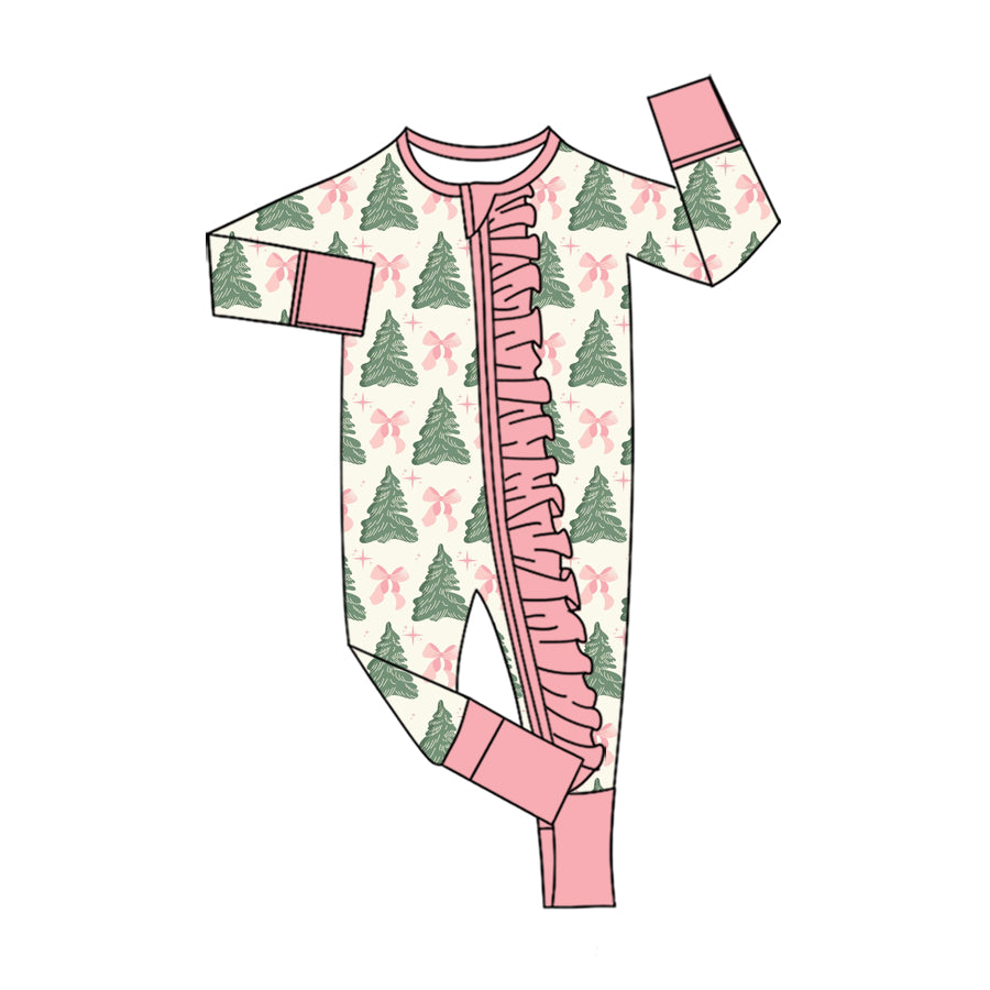 7.18 Preorder Christmas Tree Pink Bow Long Sleeve Zipper Romper