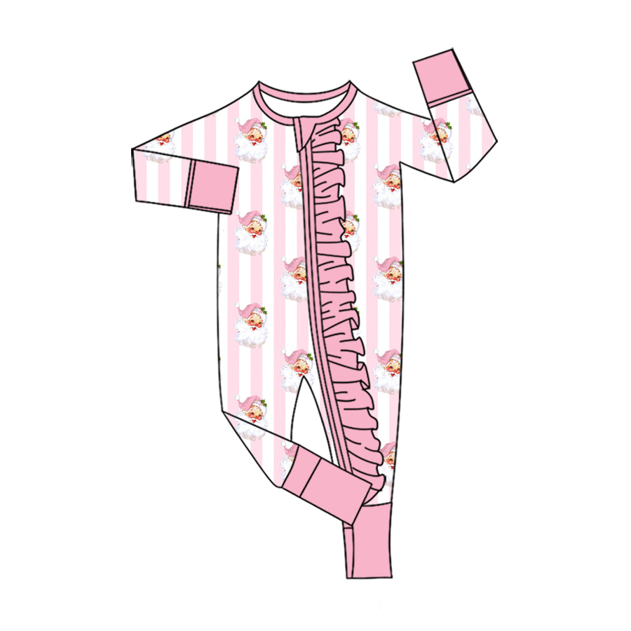 7.18 Preorder Christmas Santa Pink Striped Long Sleeve Zipper Romper