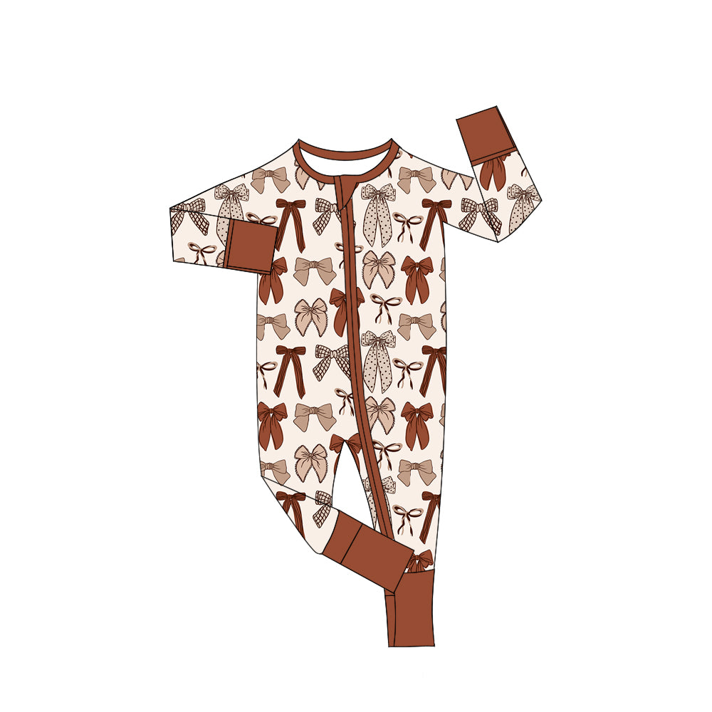 7.23 LR3158 Preorder Brown Bows Baby Girls Long Sleeve Zipper Sleeper Romper