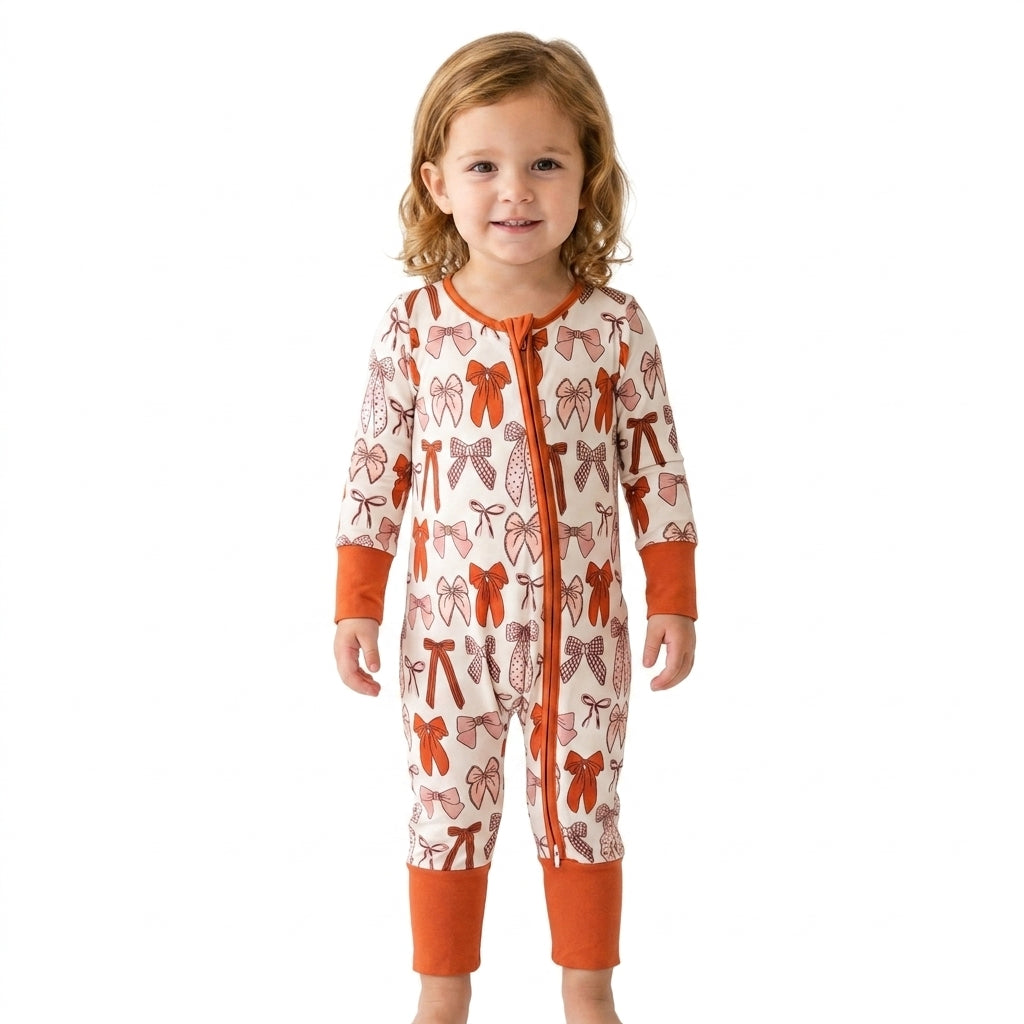 LR3158 Brown Bows Print Baby Girls Long Sleeve Zipper Sleeper Romper