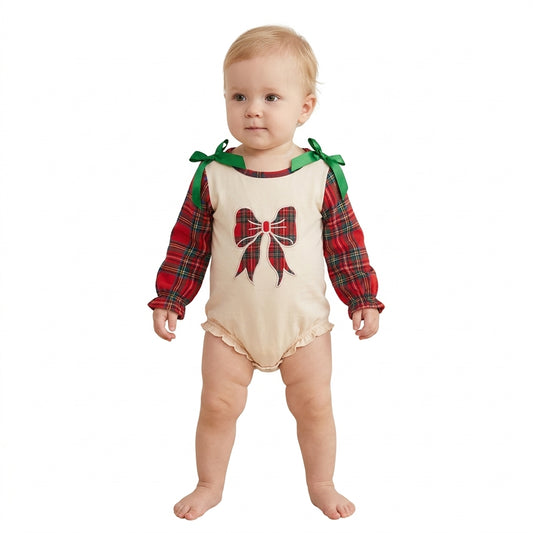 LR3163 Bow Embroidery Red Checkered Baby Girls Christmas Romper