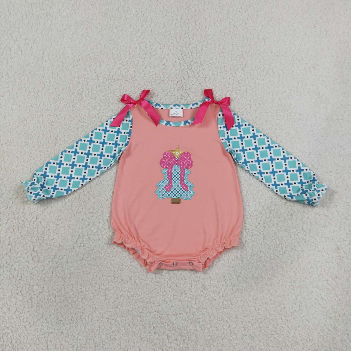 LR3164 Bow Tree Embroidery Checkered Print Baby Girls Christmas Clothes Set