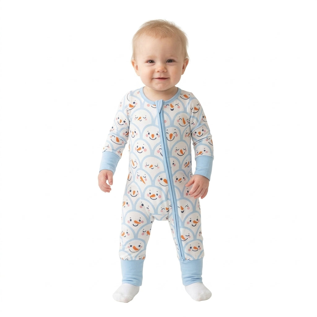 LR3166 Snowman Smiling Blue Print Baby Boys Christmas Zipper Sleeper Romper