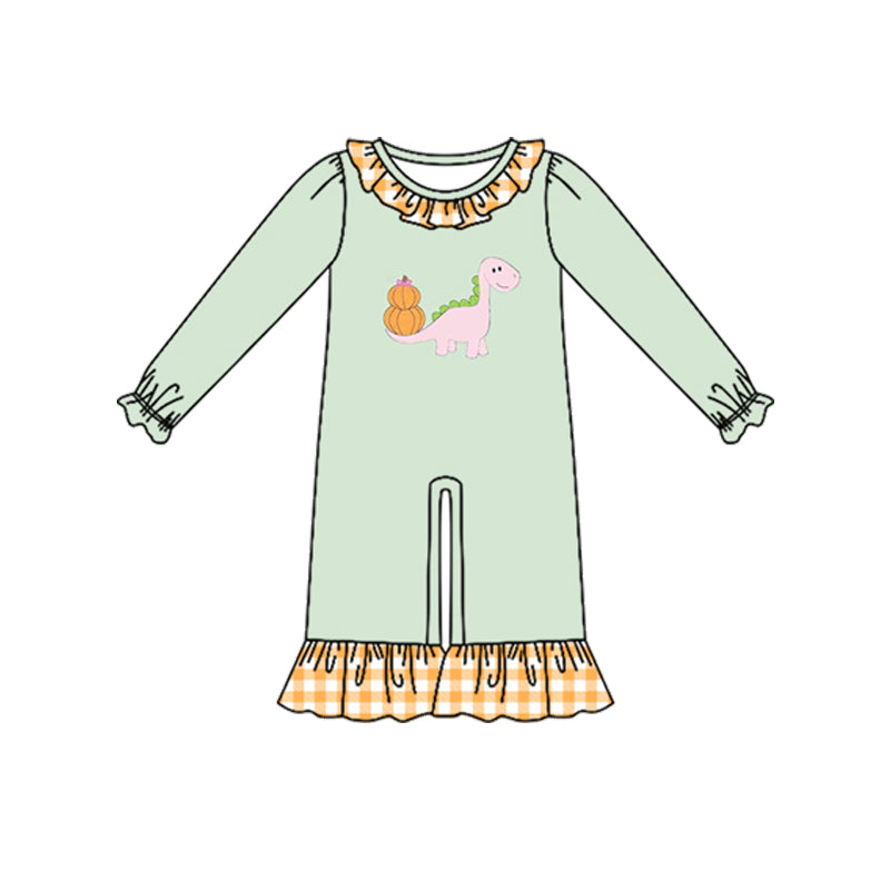 7.27 LR3167 Preorder Dino Pumpkin Print Baby Girls Fall Romper