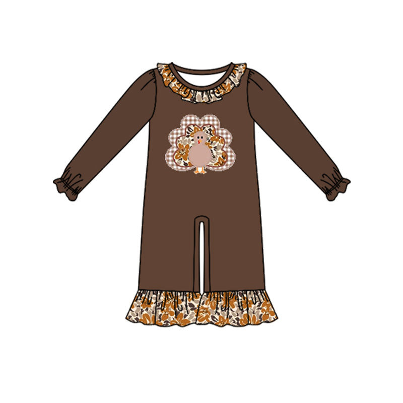 7.27 LR3169 Preorder Turkey Brown Print Baby Girls Thanksgiving Romper