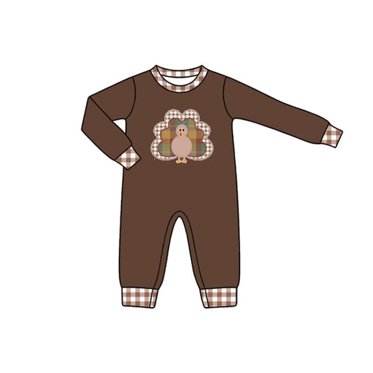 7.27 LR3170 Preorder Turkey Brown Print Baby Boys Thanksgiving Romper