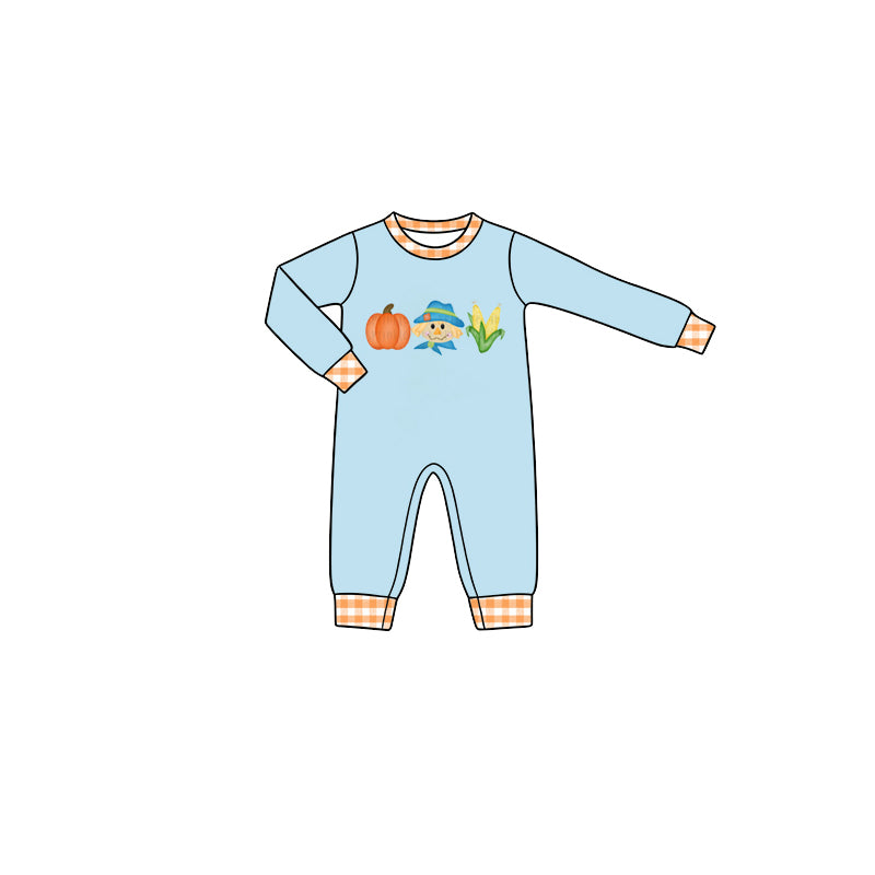 7.29 LR3173 Preorder Pumpkin Scarecrow Corn Blue Print Baby Boys Fall Romper