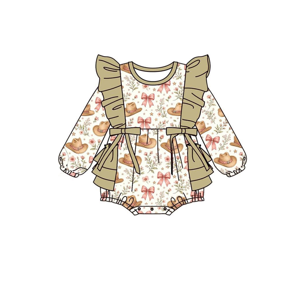 7.29 LR3183 Preorder Hat Bows Flowers Print Baby Girls Ruffle Romper