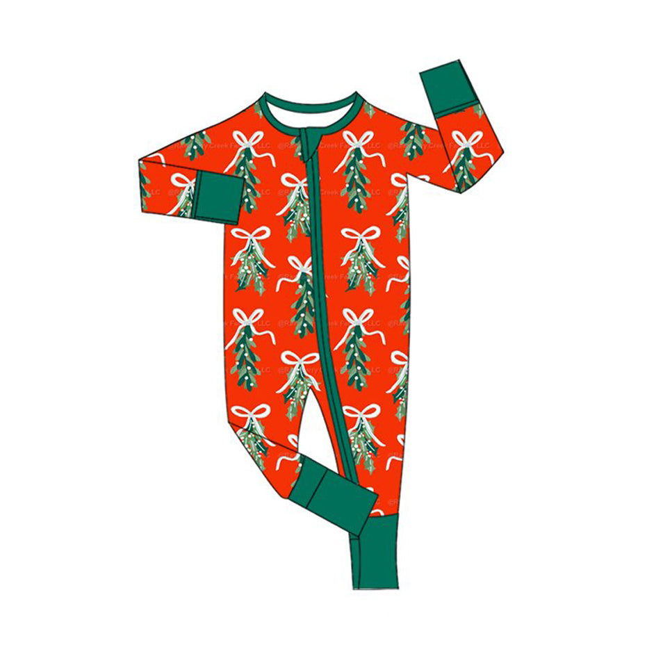 7.30 Preorder Baby Girls Red Mistletoe Bow Long Sleeve Zipper Romper
