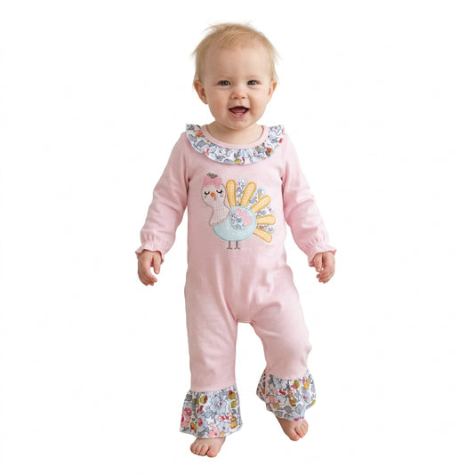 LR3216 Floral Turkey Embroidery Baby Girls Thanksgiving Long Sleeve Romper