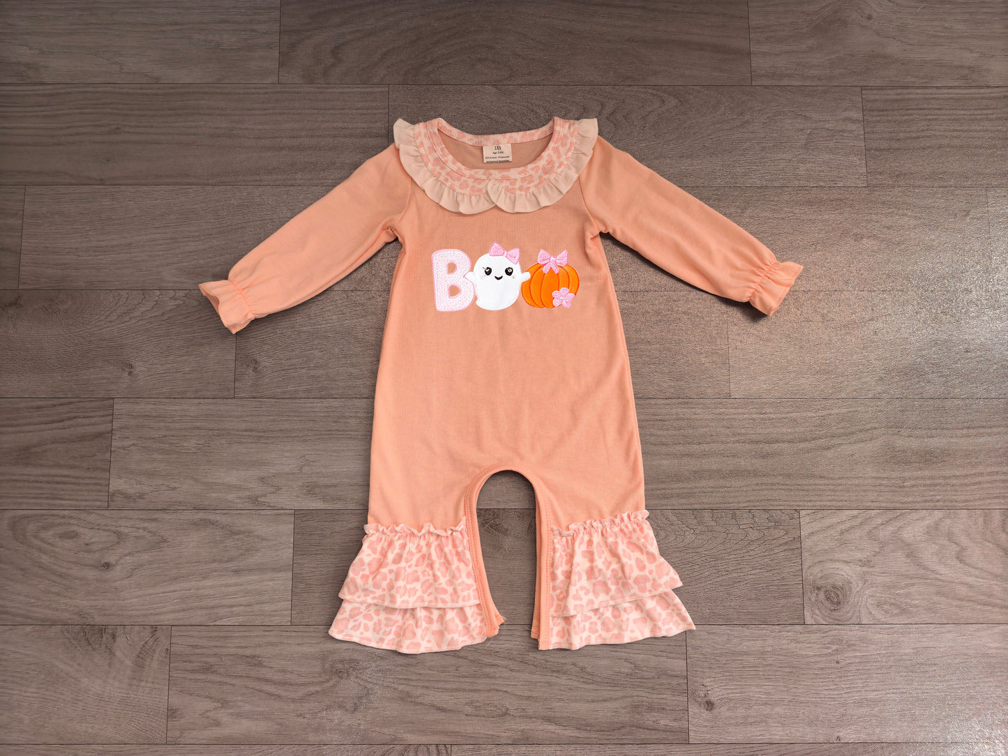 7.31 LR3223 Preorder Boo Ghost Pumpkin Print Baby Girls Halloween Ruffle Romper