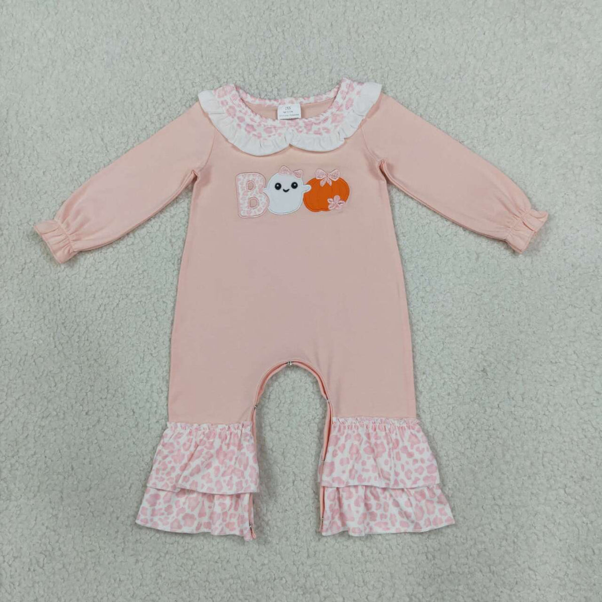 LR3223 Boo Ghost Pumpkin Embroidery Pink Leopard Print Baby Girls Halloween Ruffle Romper