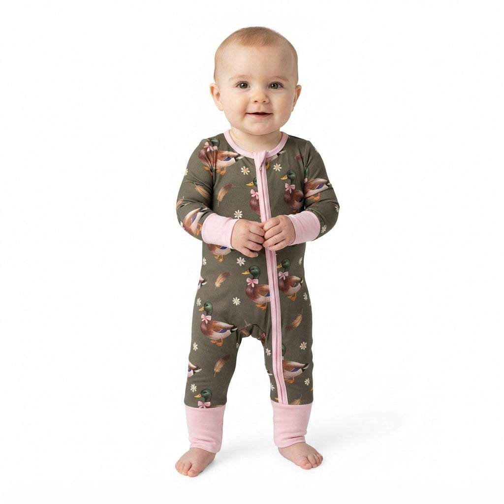 LR3225 Duck Flowers Baby Girls Long Sleeve Zipper Sleeper Romper