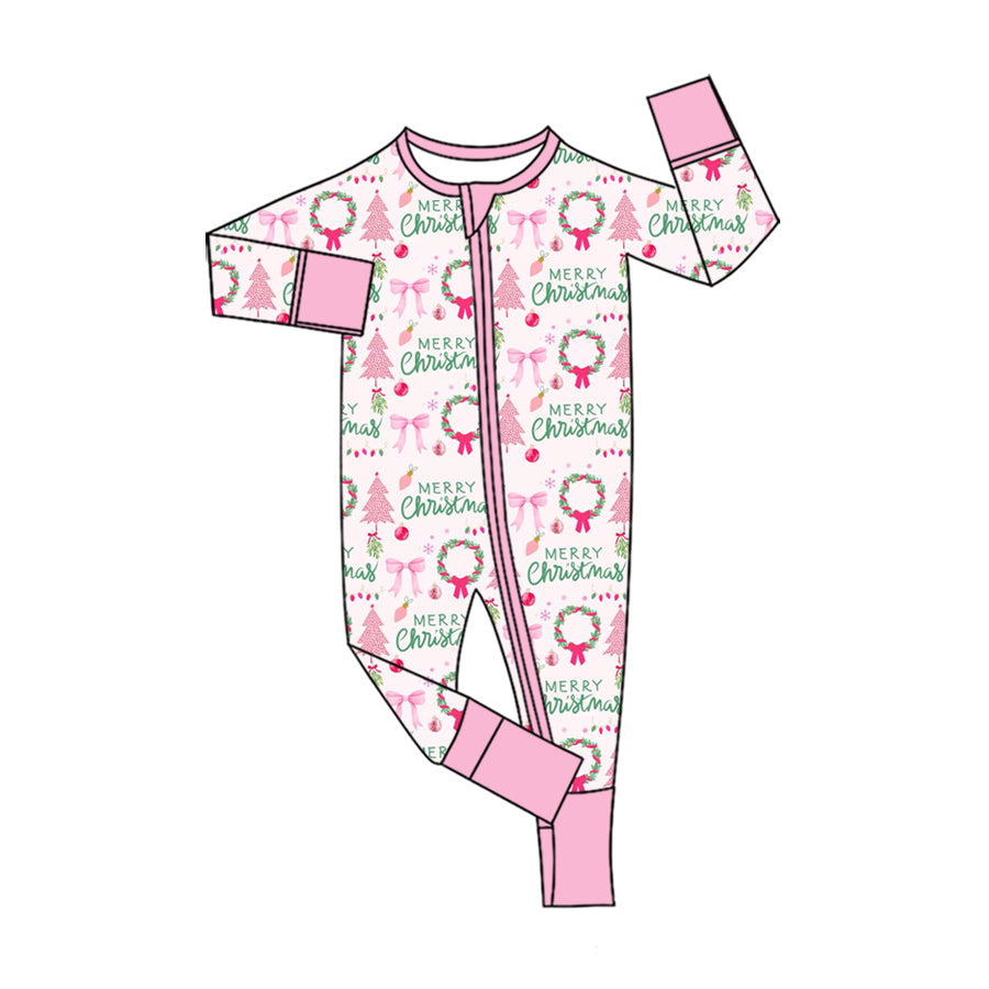 8.6 LR3227 Preorder Tree Bows Baby Girls Christmas Long Sleeve Zipper Sleeper Romper