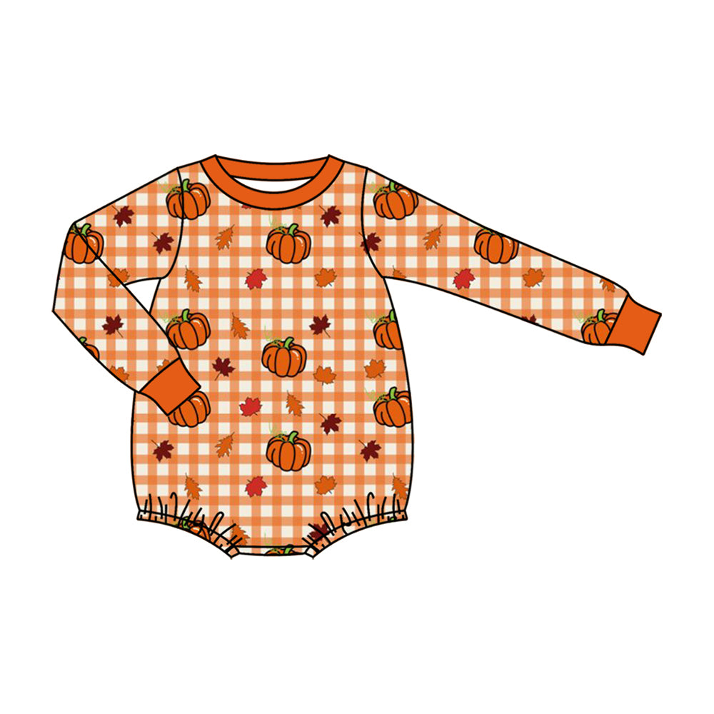 8.6 Preorder Baby Boys Fall Pumokin Gingham Long Sleeve Bubble Romper