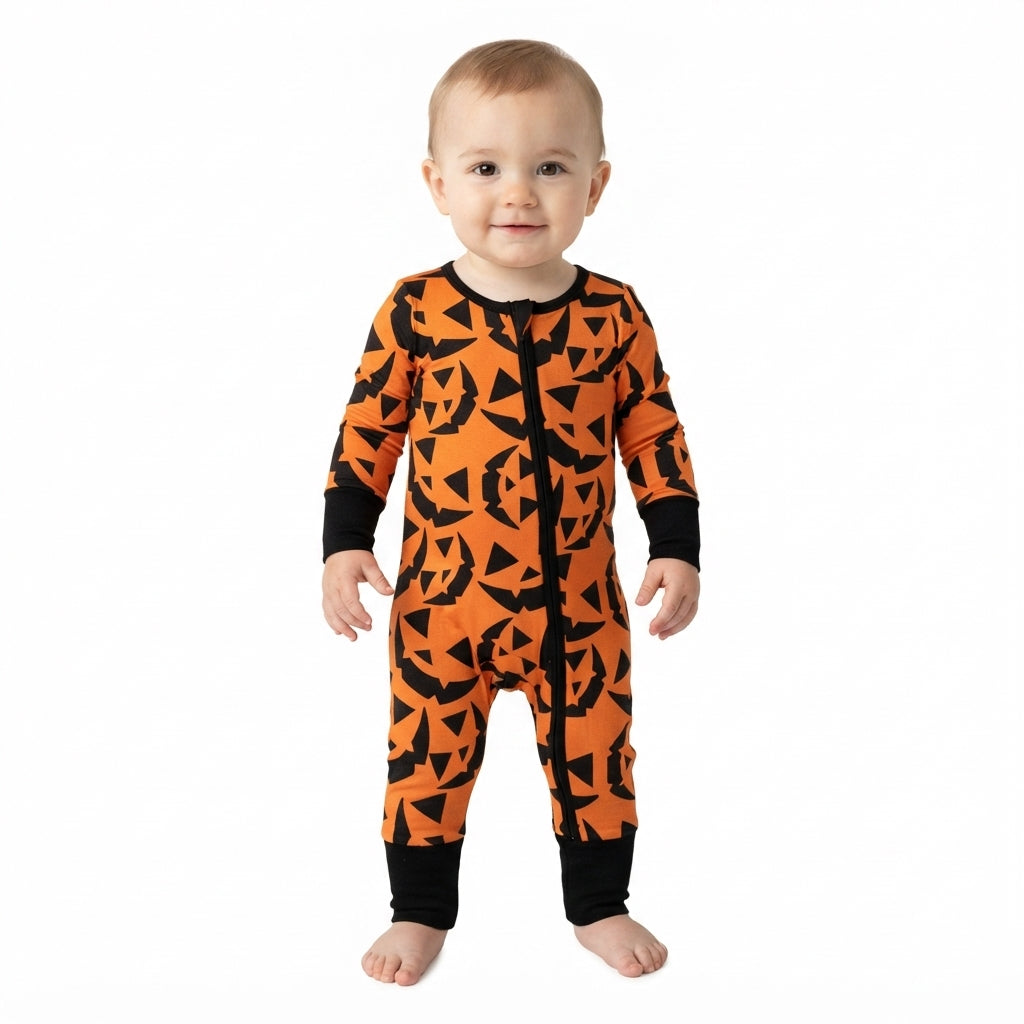 LR3243 Smiling Orange Print Baby Halloween Sleeper Zipper Romper