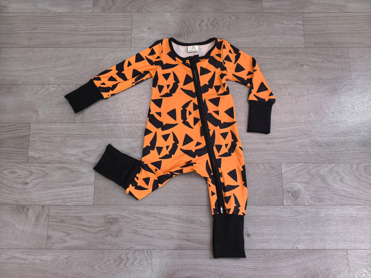 LR3243 Preorder Smiling Orange Print Baby Halloween Sleeper Zipper Romper