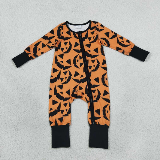 LR3243 Smiling Orange Print Baby Halloween Sleeper Zipper Romper