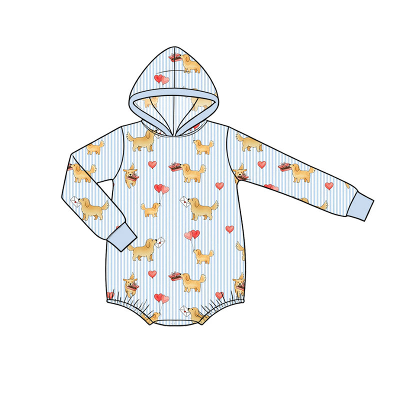 8.7 LR3246 Preorder Puppy Hearts Blue Stripes Print Baby Boys Valentine's Day Hoodie Romper