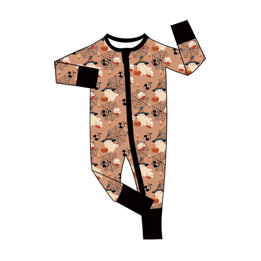 8.8 LR3250 Preorder Ghost Web Print Baby Halloween Long Sleeve Zipper Sleeper Romper