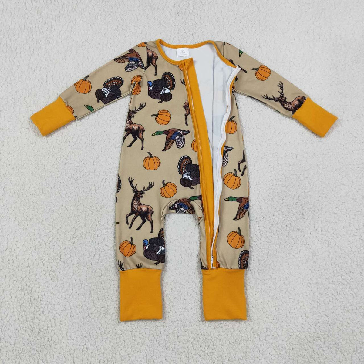 LR3251 Animals Pumpkin Print Baby Boys Fall Zipper Sleeper Romper