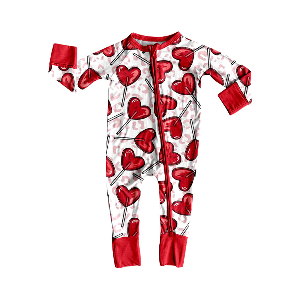 8.10 LR3255 Preorder Hearts Leopard Pink Print Baby Girls Valentine's Day Long Sleeve Zipper Sleeper Romper