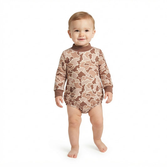 LR3263 Brown Camo Baby Mock Neck Long Sleeve Bubble Romper