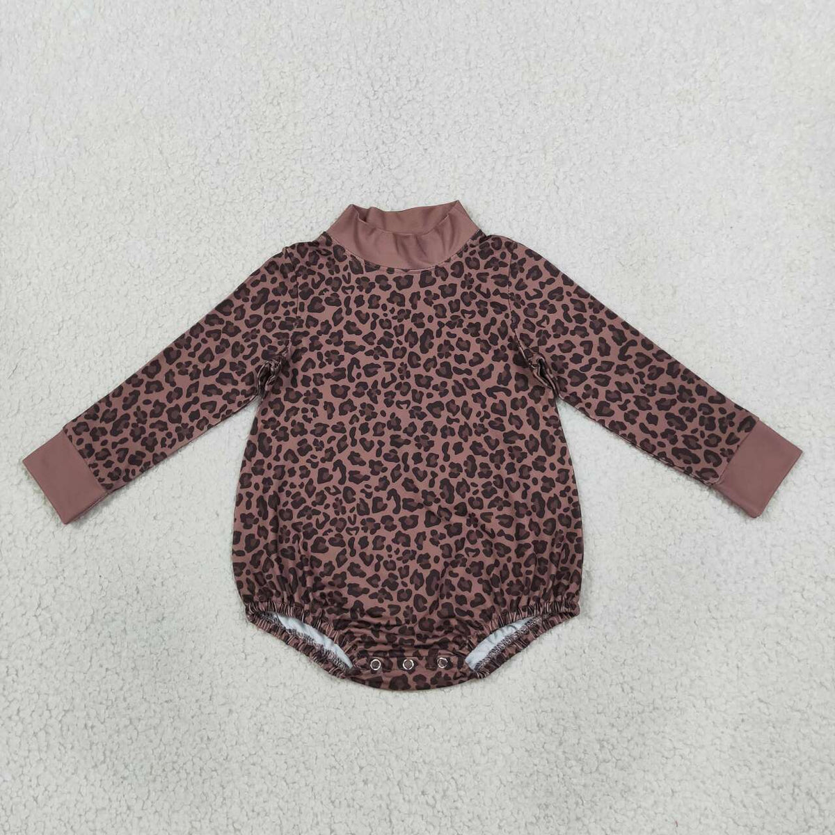 LR3264 Brown Leopard Baby Girls Mock Neck Long Sleeve Bubble Romper