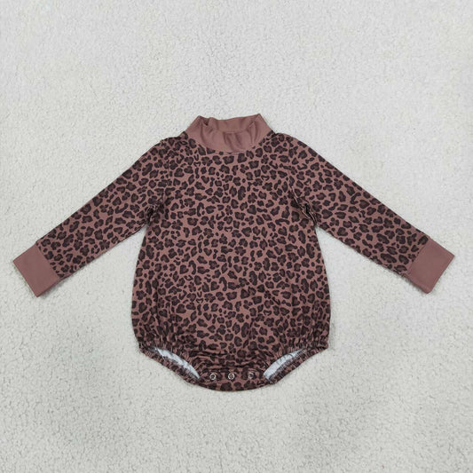 LR3264 Brown Leopard Baby Girls Mock Neck Long Sleeve Bubble Romper