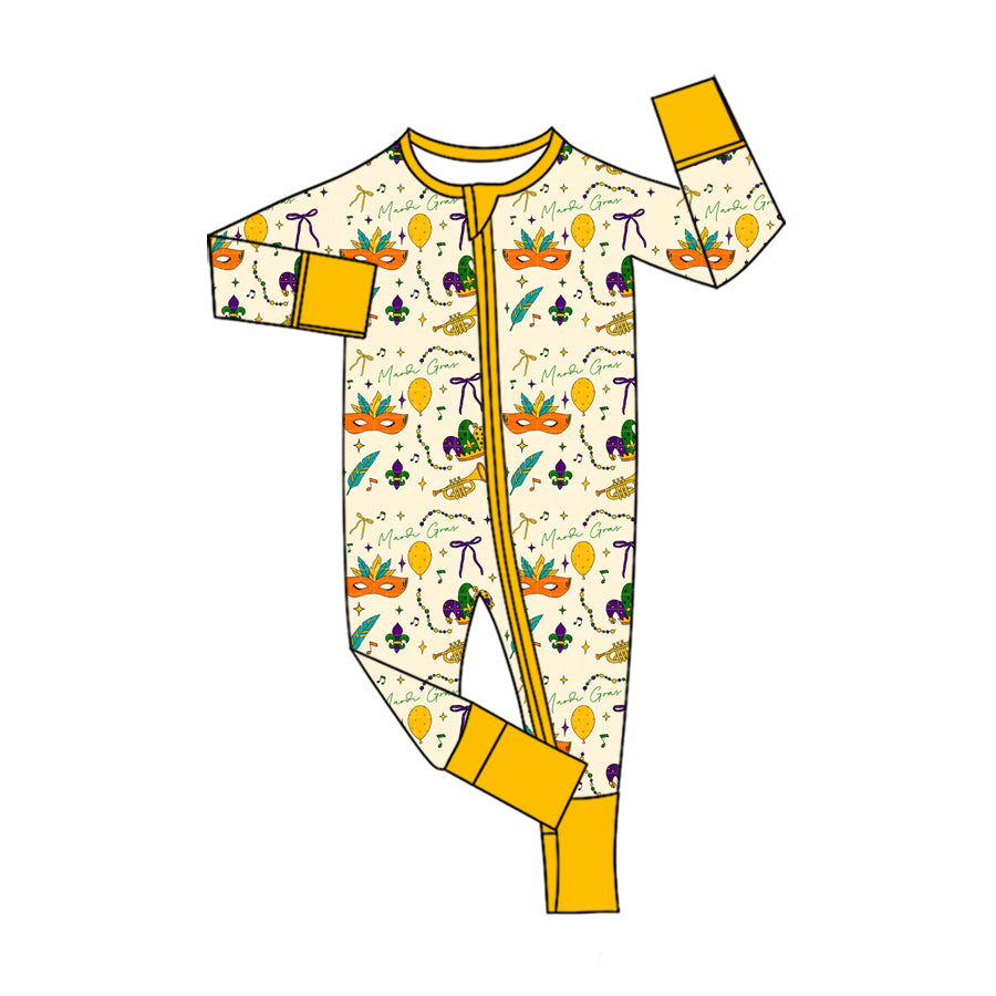 8.11 Preorder Baby Boys Mardi Gras Mask Long Sleeve Zipper Romper