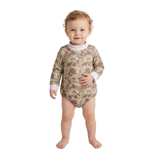 LR3280 Brown Camo Baby Mock Neck Long Sleeve Bubble Romper