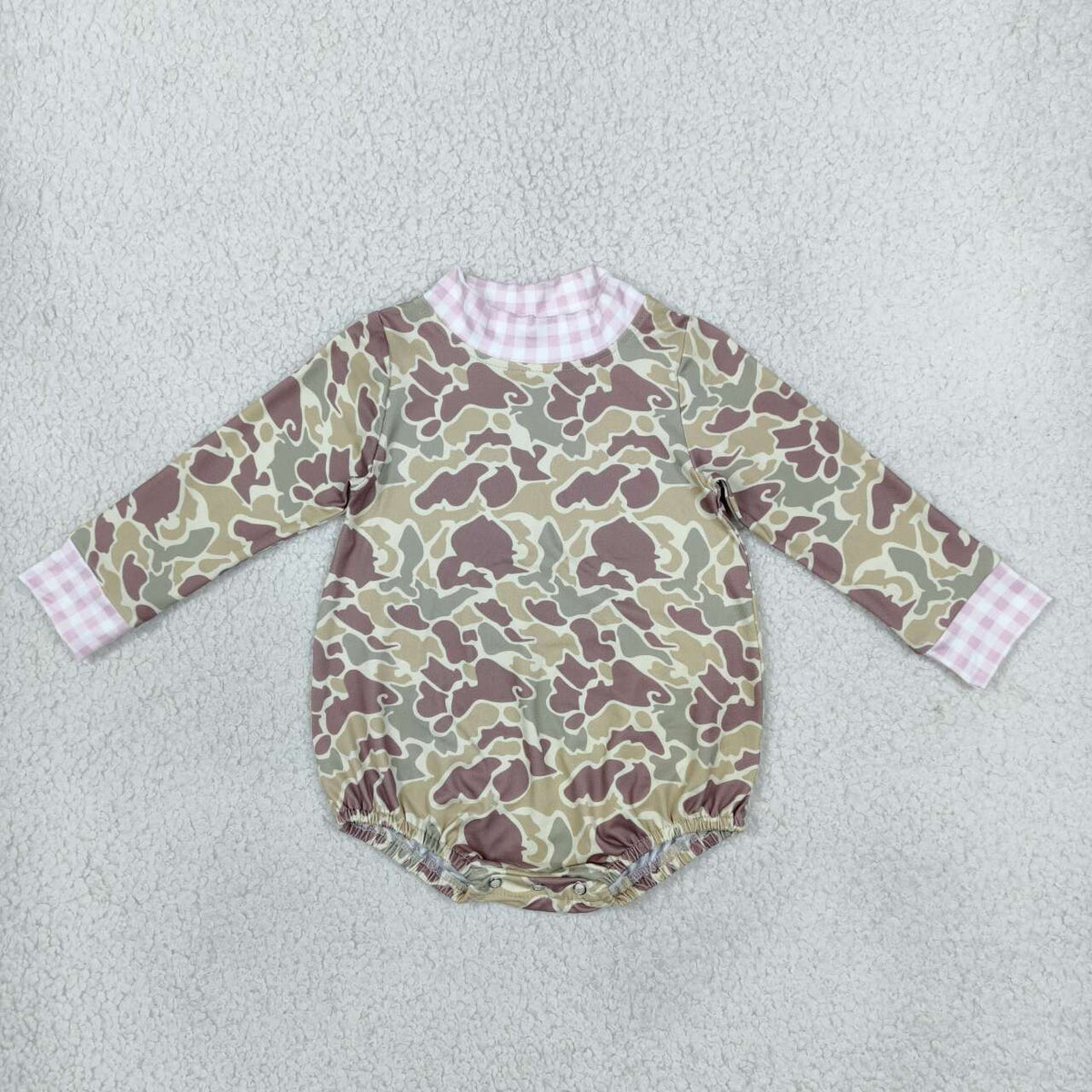 LR3280 Brown Camo Baby Mock Neck Long Sleeve Bubble Romper