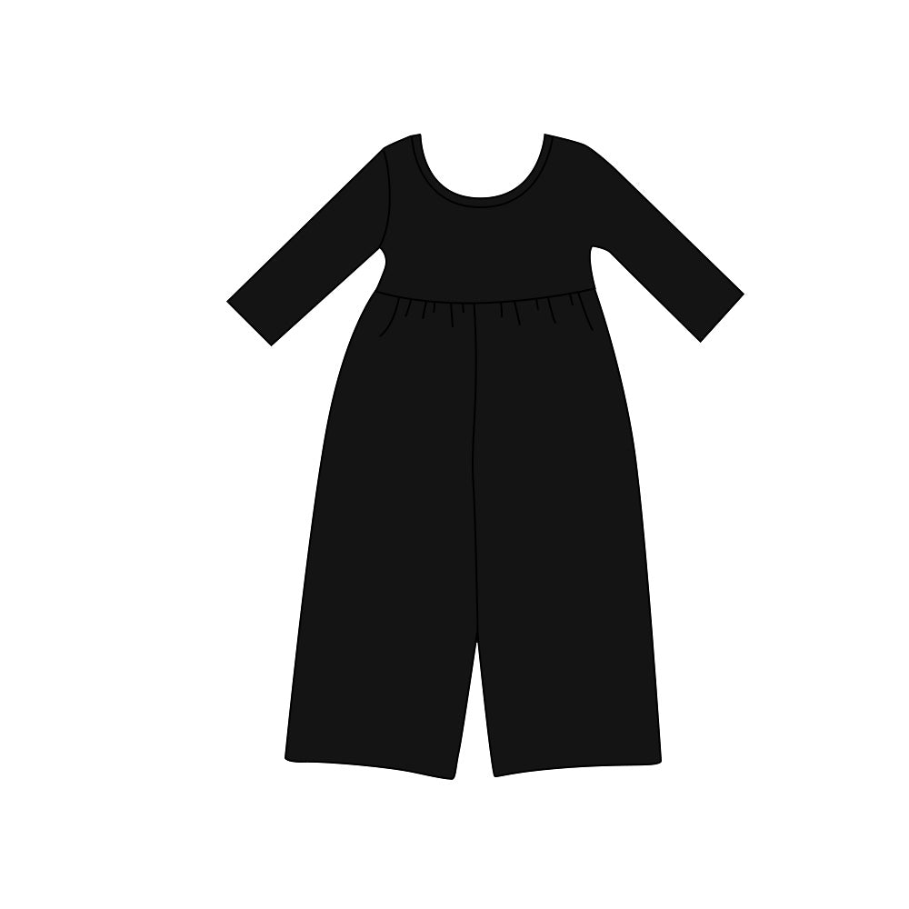 8.13 Preorder KidsGirls Black Long Sleeve Elastic Waist Wide Leg Jumpsuit