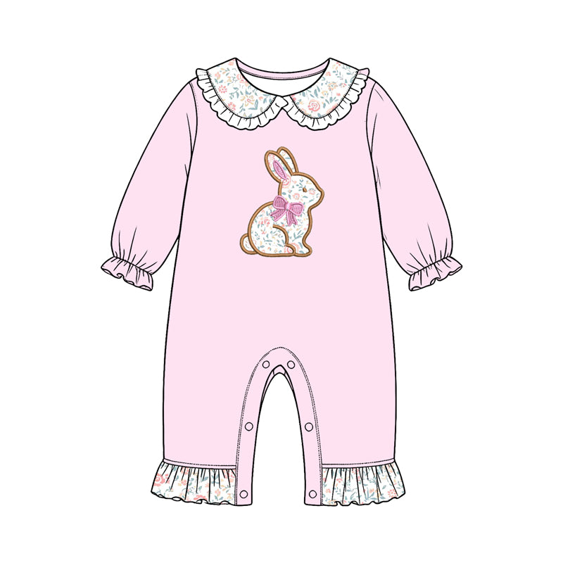 8.15 LR3300 Preorder Bunny Flowers Pink Print Baby Girls Easter Romper