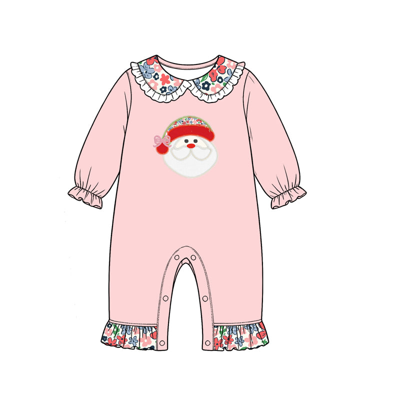 8.17 LR3303 Preorder Santa Flowers Pink Print Baby Girls Christmas Doll Collar Romper