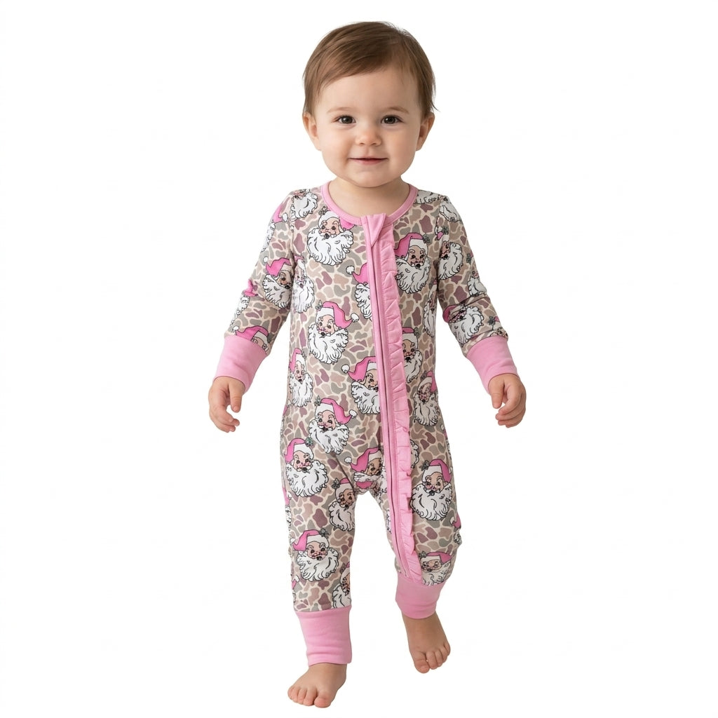 LR3305 Santa Camo Print Baby Girls Christmas Zipper Sleeper Romper