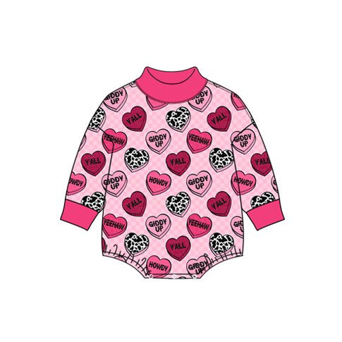 8.27 LR3316 Preorder Hearts YALL HOWDY Pink Print Baby Girls Valentine's Day Mocknecks Romper