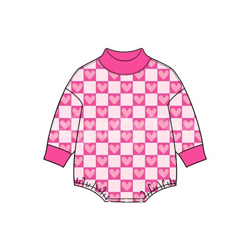 8.27 LR3317 Preorder Hearts Pink Checkered Print Baby Girls Valentine's Day Mocknecks Romper