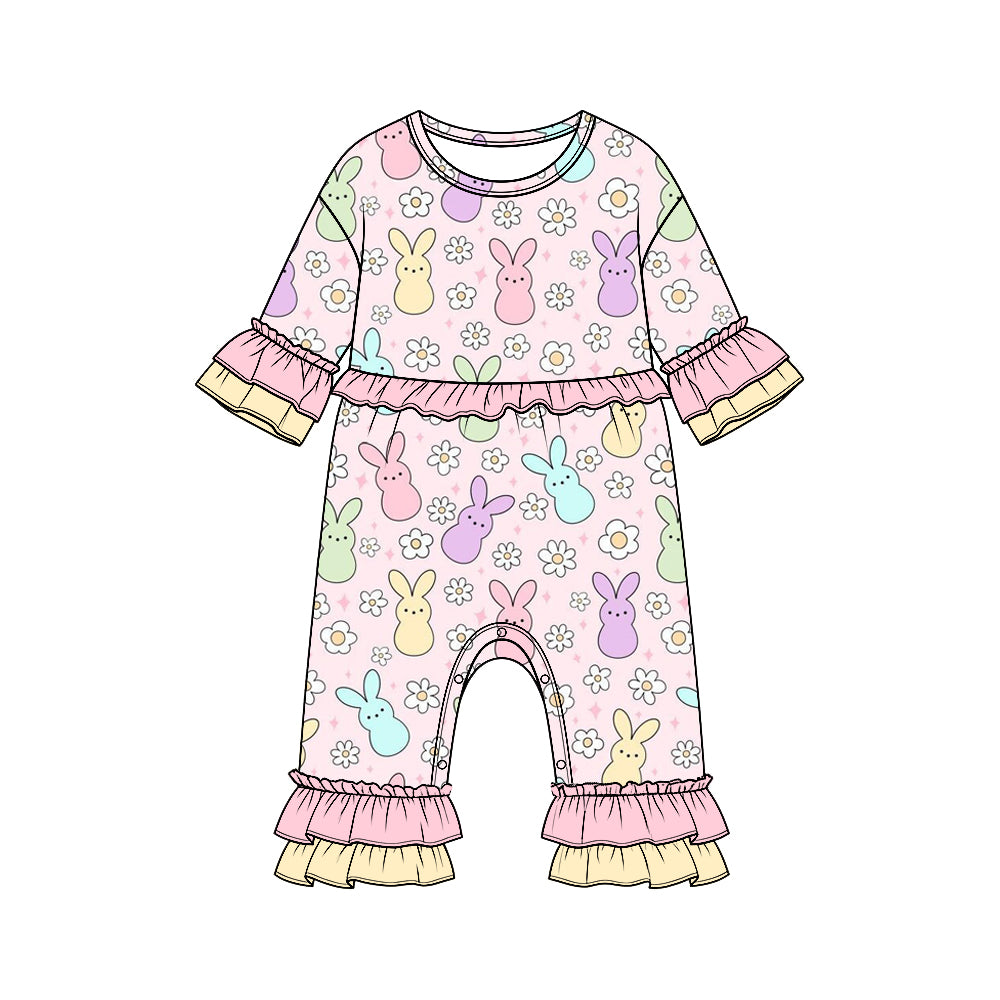 9.4 LR3329 Preorder Colorful Bunny Flowers Print Baby Girls Easter Ruffle Romper