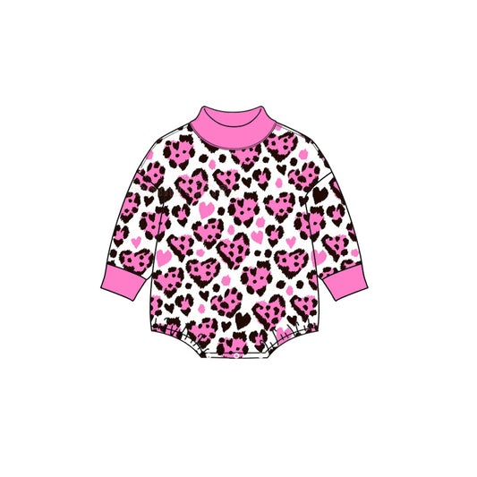 9.9 LR3332 Preorder Pink Heart Leopard Print Baby Girls Valentine's Day Mock Neck Bubble Romper